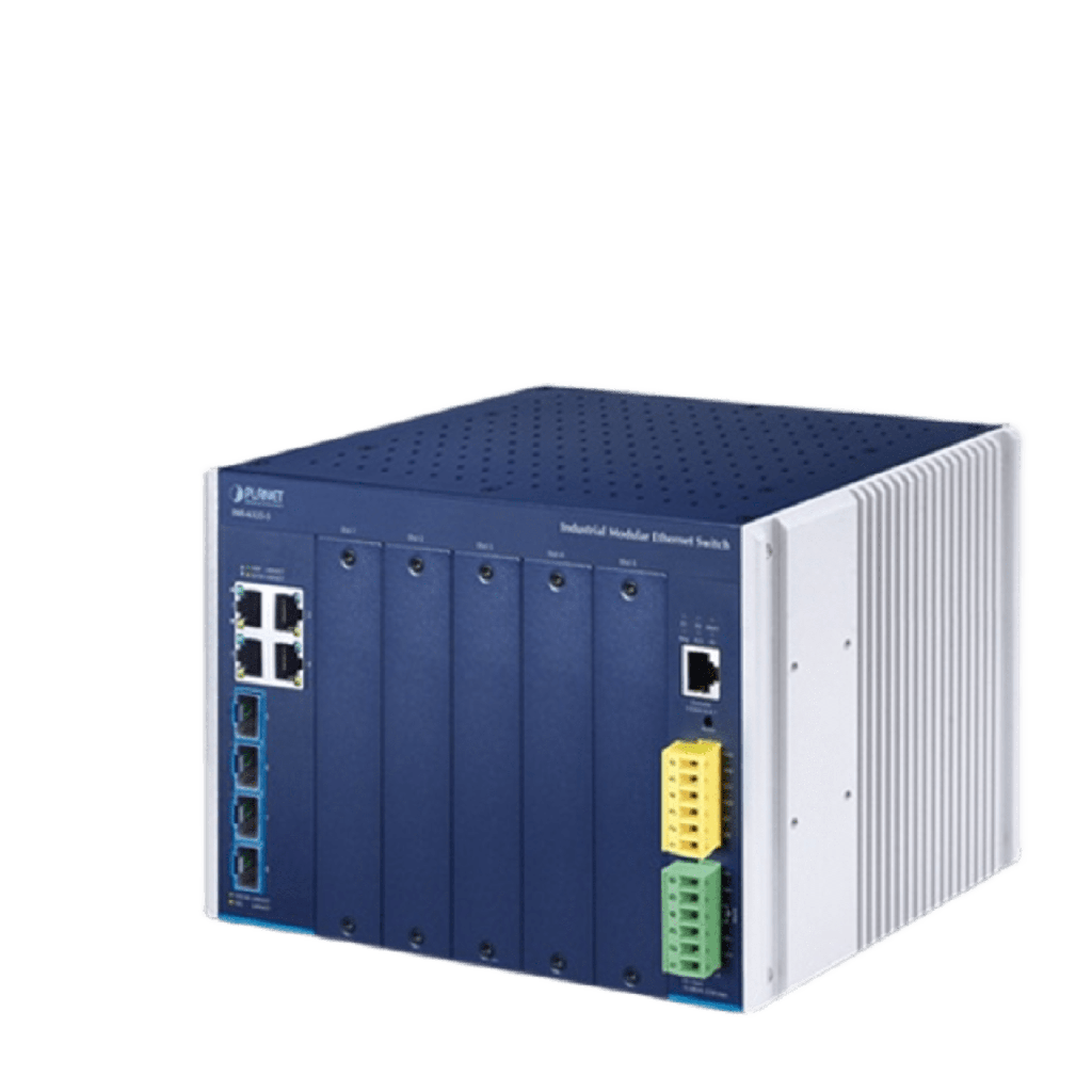 Switch Modular Industrial Capa 3 / 5 Slots / 4 Puertos Gigabit RJ45 / 4 Puertos SFP+ 10G / Rango de Temperatura -40~75°C / Entrada de Potencia Redundante 12-48V / Soporte IPv6/IPv4