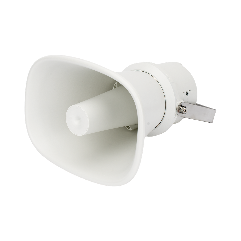 Altavoz IP Tipo Trompeta | 25 Watts | 24VCD | Reproducción de Audio vía Red | Exterior IP67 | Metal | Entrada de alarma | Compatible con Hik-Connect / Hik-Central Professional