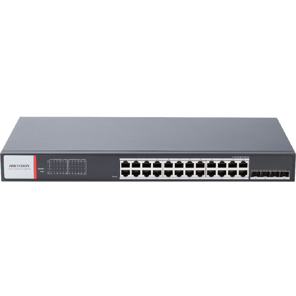 Switch Gigabit PoE+ / Administrable / 24 Puertos 1000 Mbps PoE+ / 4 Puertos SFP / Configuración Nube Hik-PartnerPro / Modo Extendido hasta 300 Metros / 370 W