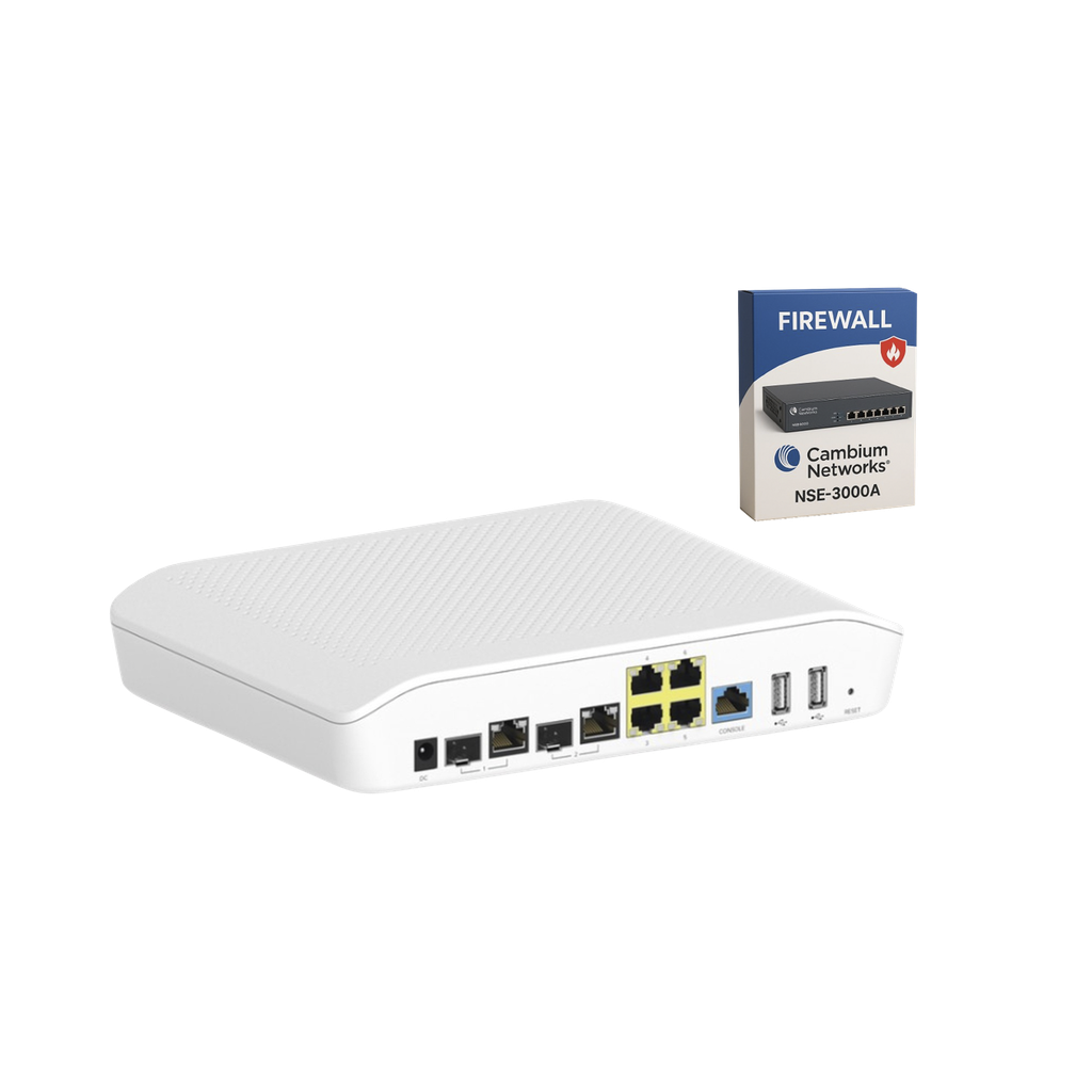 Kit Router/Firewall con licencia incluida NSE-SUB-3000-1 / función SD-WAN NSE3000 / 2 puertos WAN Gigabit + 2 SFP combo / 4 puertos LAN Gigabit / Gestión Unificada de Amenazadas / Administración desde la Nube / Hasta 1,000 dispositivo