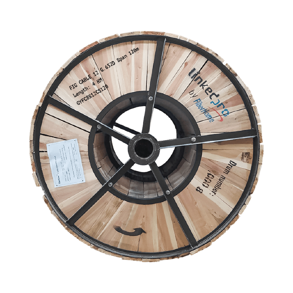 [GYFC-8S-12C-S120/4KM] Carrete de 4 Km Fibra Óptica Aerea Figura 8 Armada Antirroedor G.652D, Monomodo de 12 Hilos, Exterior, Span 120