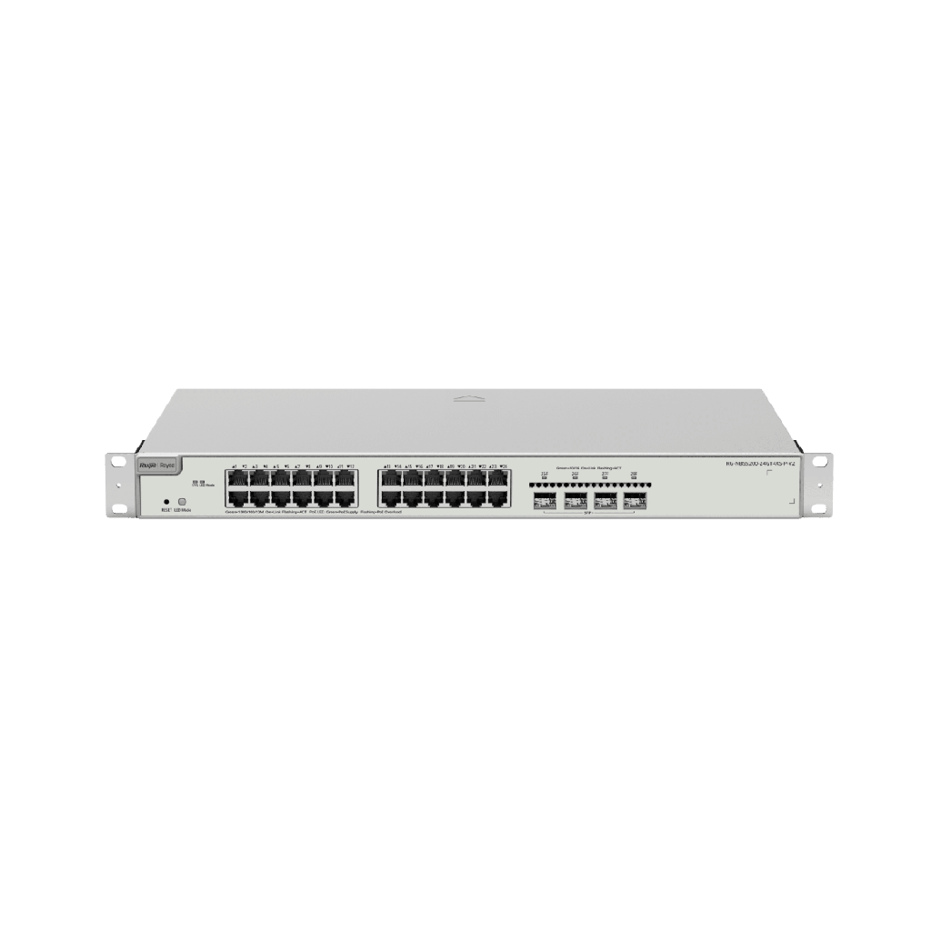 Switch Administrable Capa 3 con 24 puertos Gigabit PoE 802.3af/at + 4 SFP+ para fibra 10Gb, gestión gratuita desde la nube, 370w