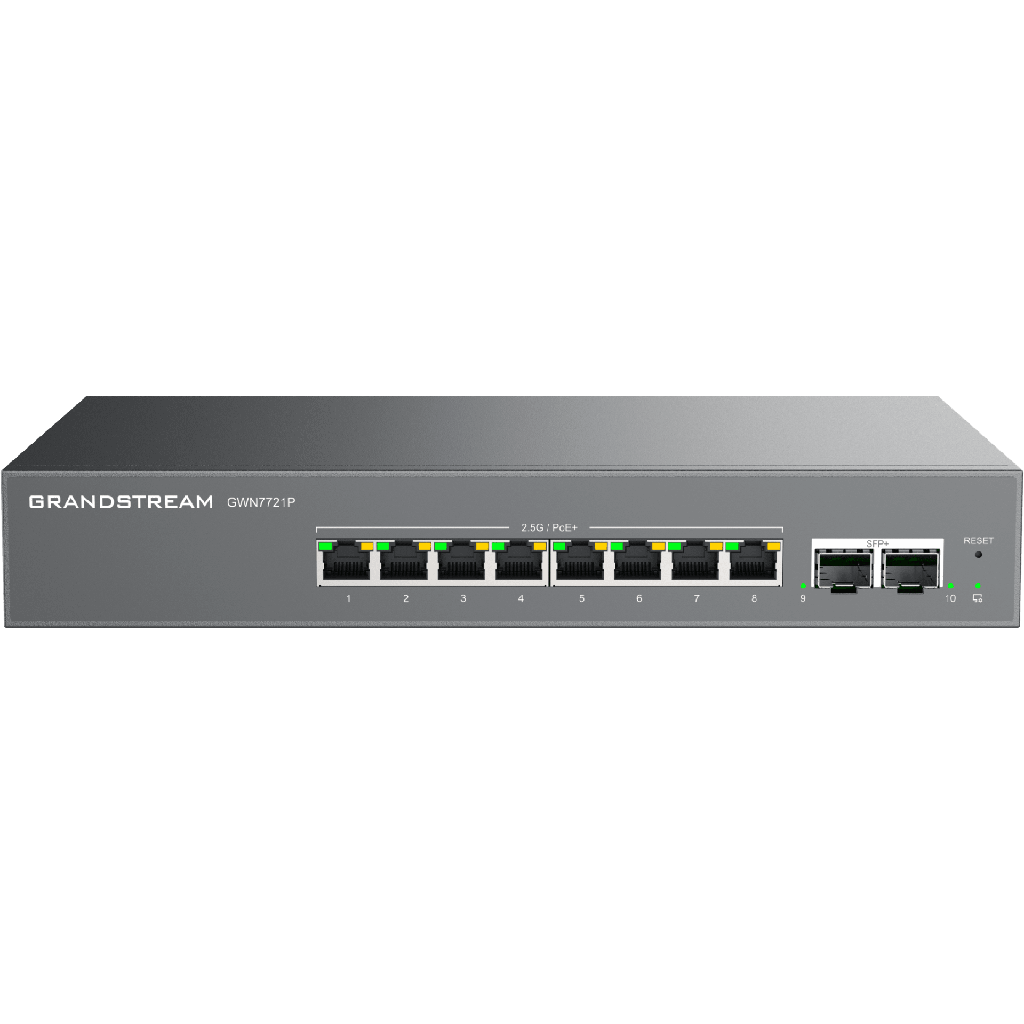 Switch L2 Lite Administrable de 10 Puertos / 8 Puertos Ethernet 2.5 Gigabits / 2 Puertos SFP+ 10 Gigabits / PoE+ 802.3af/at / VLAN 802.1Q / QoS / IGMP Snooping / Montaje en Escritorio o Pared