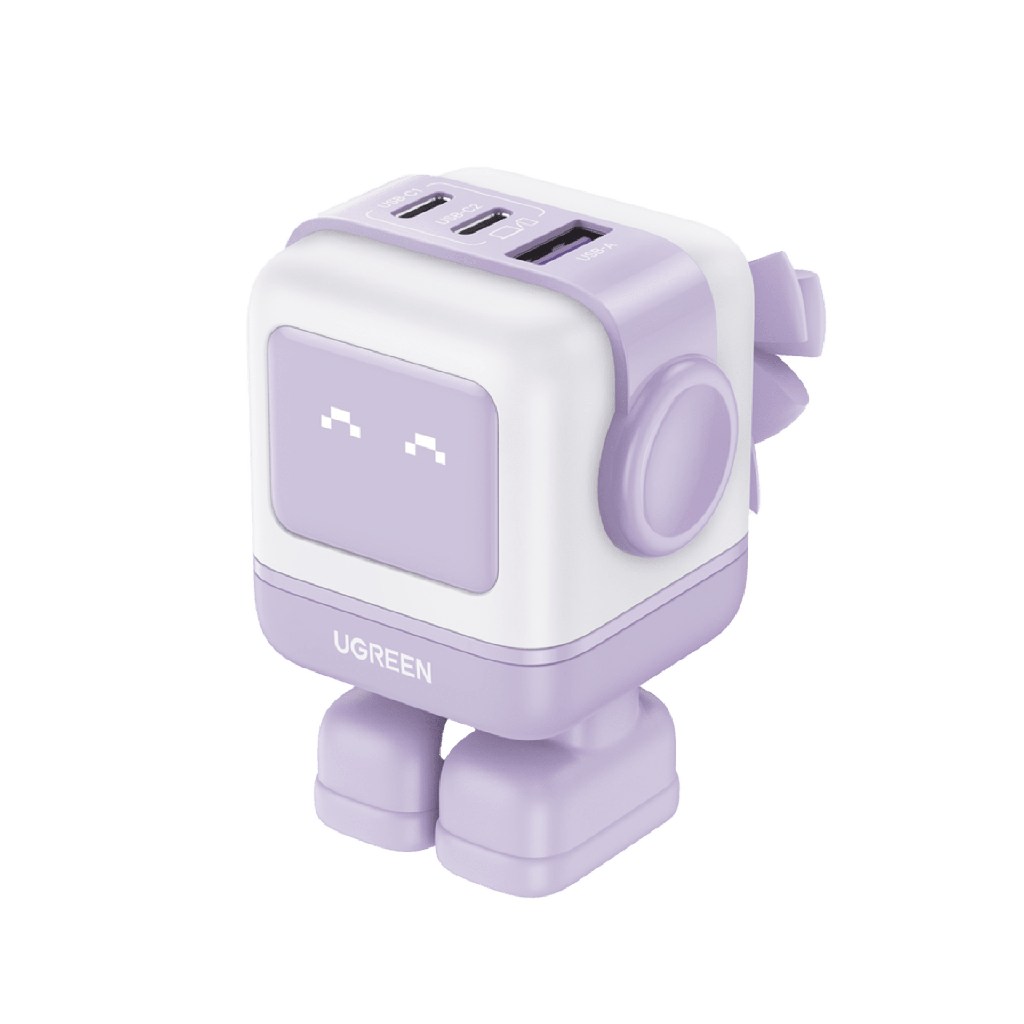 Cargador RobotGaN de 65W Serie UNO | 3 Puertos de Carga Rápida | 2 USB-C | 1 USB-A | PD 3.0 | QC 4.0 | Carga Inteligente | Tecnología GaN II | Zapato Magnético Extraíble | Carcasa Ignifuga | Pantalla LED.