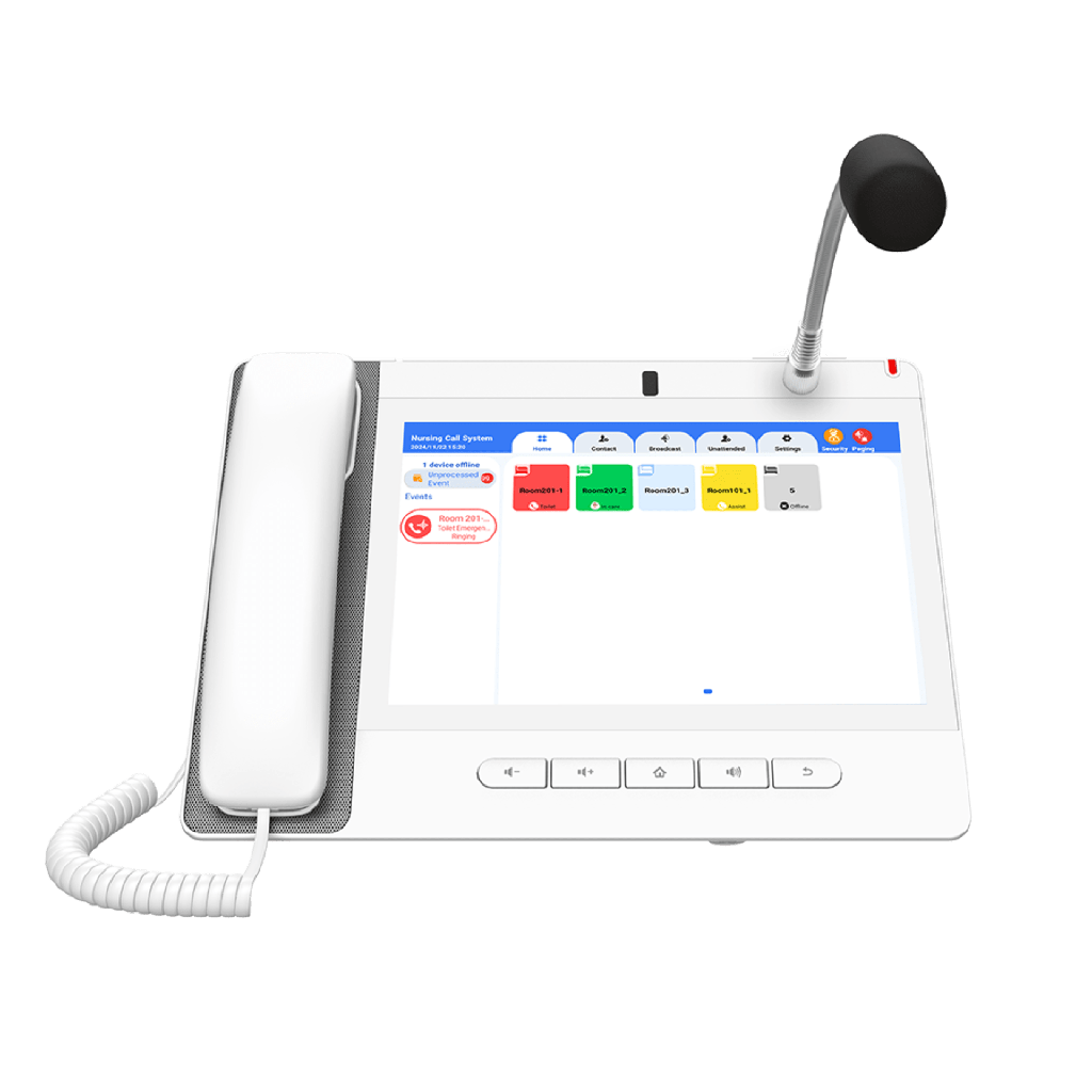 [A320IW] Teléfono IP Color Blanco Android 9.0 Empresarial para voceo 20 líneas SIP, pantalla táctil, Wi-Fi y Bluetooth, PoE, Voceo/ Musica por Multicast, puertos Gigabit, Sofware de Enfermeria