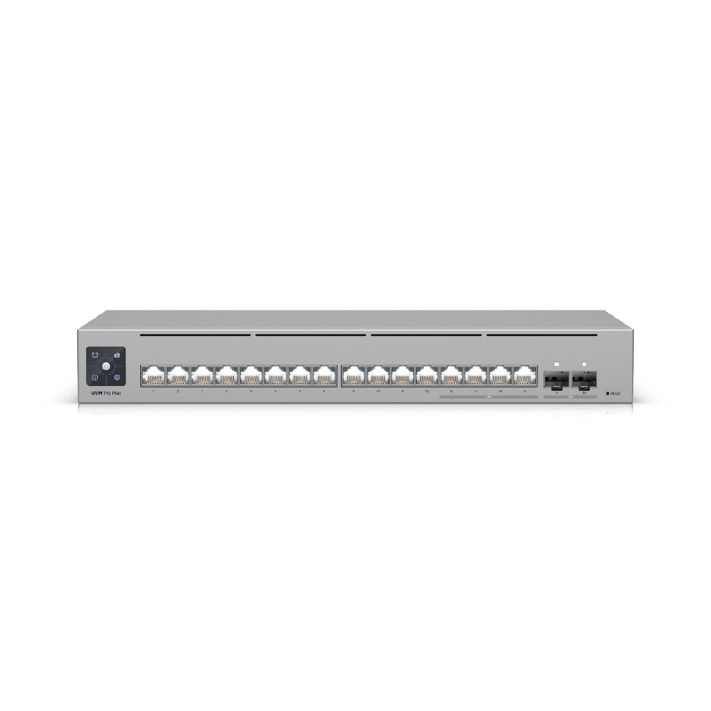 UniFi Switch Pro Max 16 con funciones Capa 3, 16 puertos EtherLight RGB / (4) puertos 2.5 GbE y (12) puertos GbE /(2) puertos SFP+ 10G /con pantalla táctil informativa