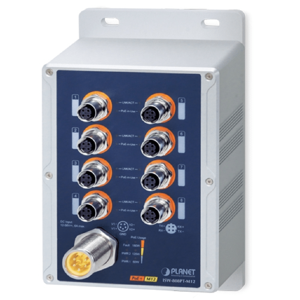 Switch Industrial IP67 8 Puertos 10/100TX M12 / IEEE 802.3at PoE+ / 180W PoE Budget / -40~75°C / Aluminio / DIN-Rail y Montaje en Pared / Protección ESD y Sobretensiones de 6KV