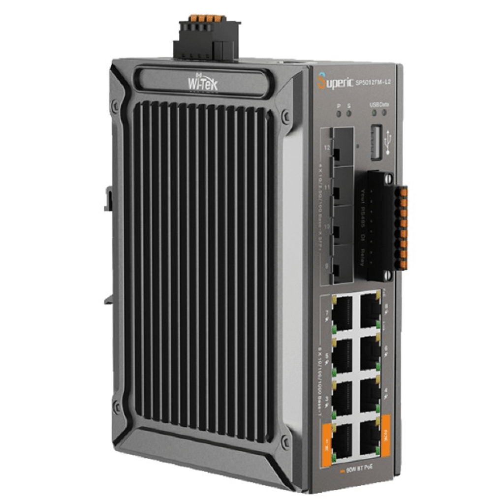 Switch de Red SP5012FM-L2 (V2) / 8 Puertos 10/100/1000Mbps PoE / 4 Puertos SFP 1000M/2.5G/10Gbps / Capacidad de Conmutación 96Gbps / Alimentación Dual DC / Instalación DIN-rail, Pared o Escritorio / Certificaciones CE, FCC, RoHS, UKCA