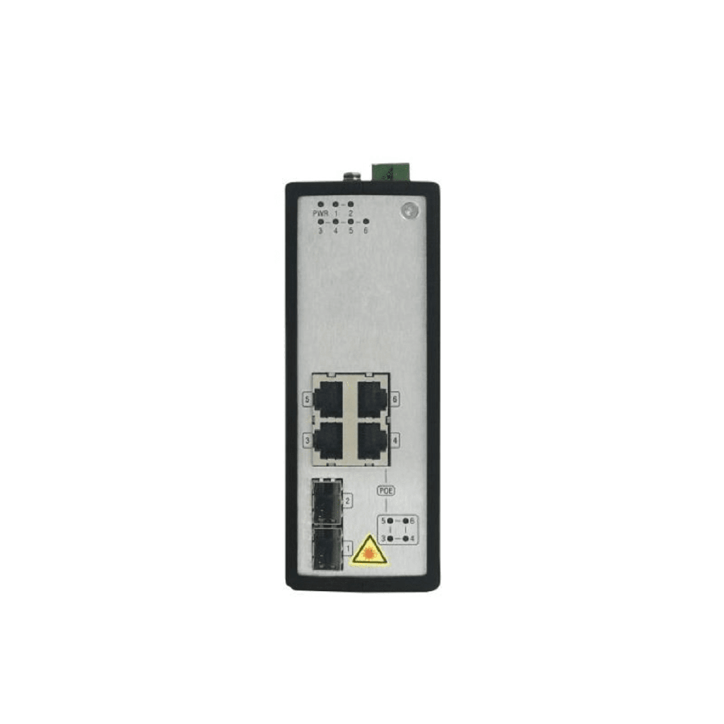 Switch Industrial No Gestionado PoE Gigabit / 4 Puertos RJ45 + 2 Puertos SFP Fibra / 120W PoE Budget / 30W por Puerto / -40°C a 75°C / Metal IP30 / Dual Power Input