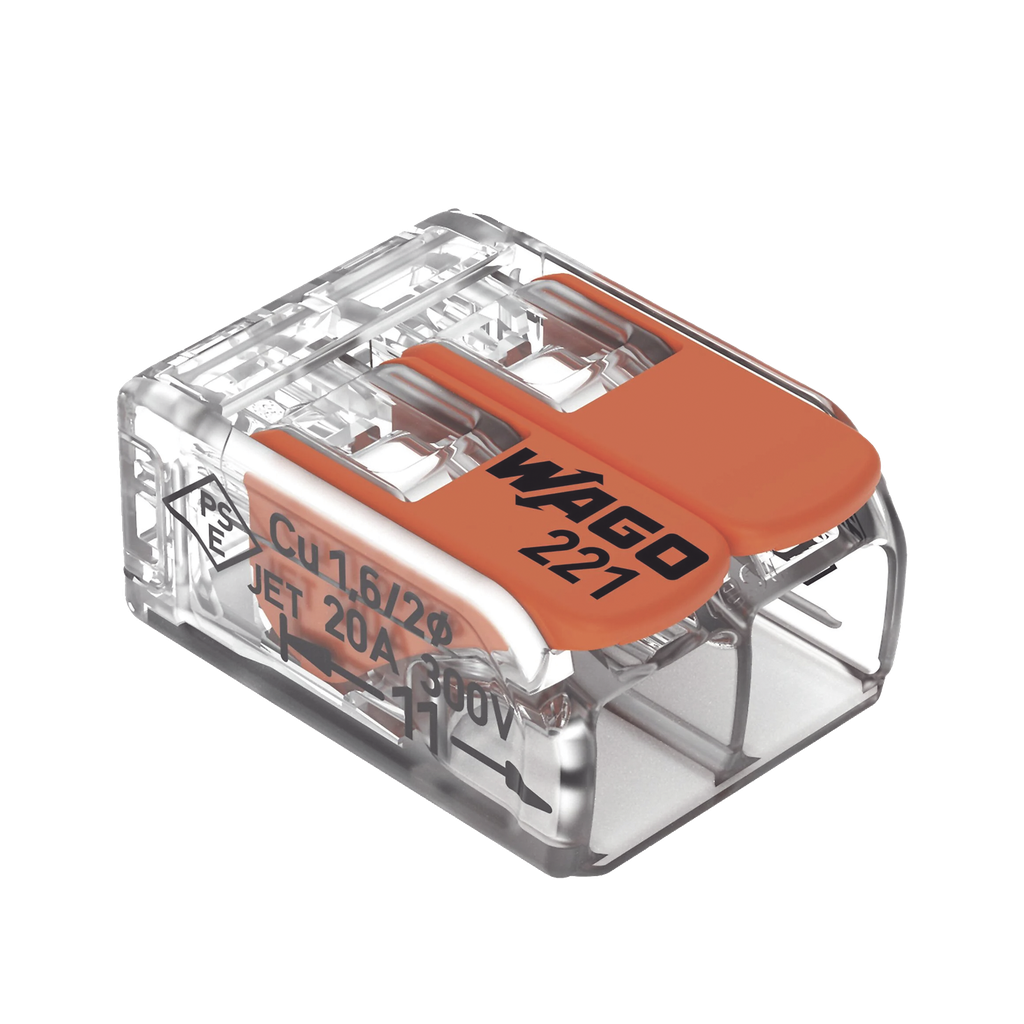 Borna de Conexión / Serie 221 / Palancas Naranja / 2 Conductores 4 mm² / Carcasa Transparente / 300V 20A / T85 / UL ENEC Certificado