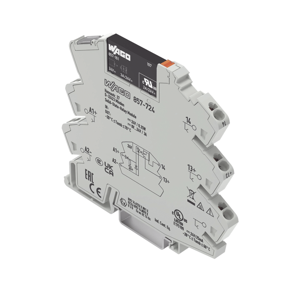 Módulo Relé Solid-State WAGO, 24 VCC, 3 A, Push-in CAGE CLAMP®, LED Indicador, IP20, Aislamiento Reforzado, Carril DIN-35, Certificaciones ATEX/IECEx