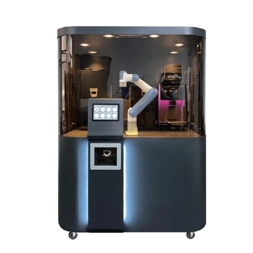 Solución Robótica Dobot para Barra de Café / Capacidad 100-150 Bebidas / Tiempo de Producción 45-90 segundos / Pantalla Táctil 10.1 Pulgadas / Método de Pago por Escaneo / Auto-Limpieza / Operación 24 Horas