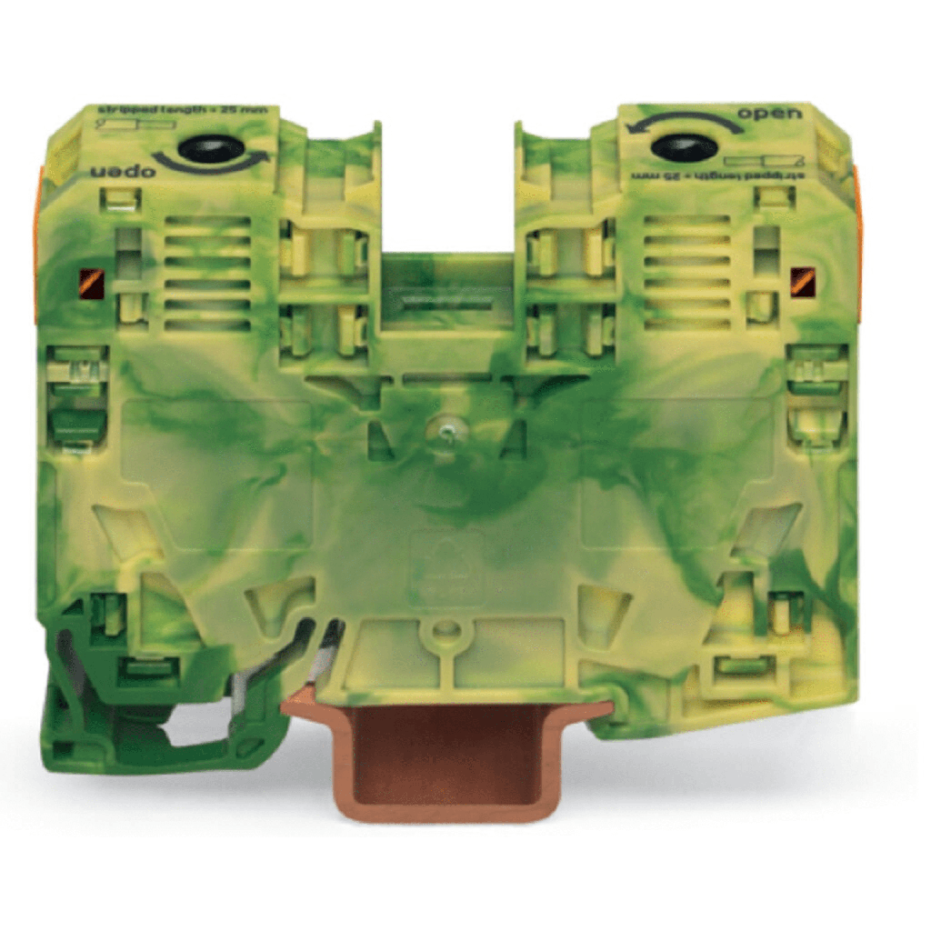 Borna de Tierra, 2 Conductores 35 mm², POWER CAGE CLAMP, Poliamida PA66, Montaje Carril DIN 35x15, Verde-Amarillo, Aplicaciones Ferroviarias y Marinas