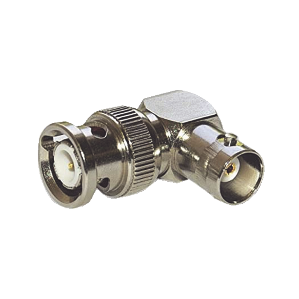 [RFB-1732] Adaptador en Ángulo Recto para 75 Ohm, de Conector BNC Macho a BNC Hembra (Monitor), Níquel/ Oro/ Teflón.