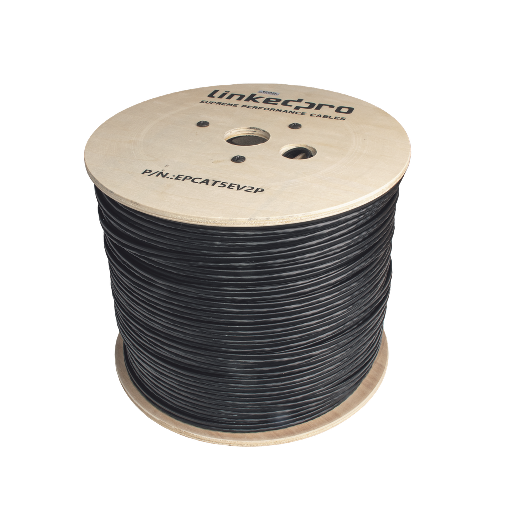 [EP-CAT-5E-V2P] Bobina de Cable Siamés Cat5E CCA + 2 Cables Gruesos (16 AWG) para Alimentar Cámaras Más Lejos / 305m / Instalación en Exterior / Uso Industrial para Climas Extremos