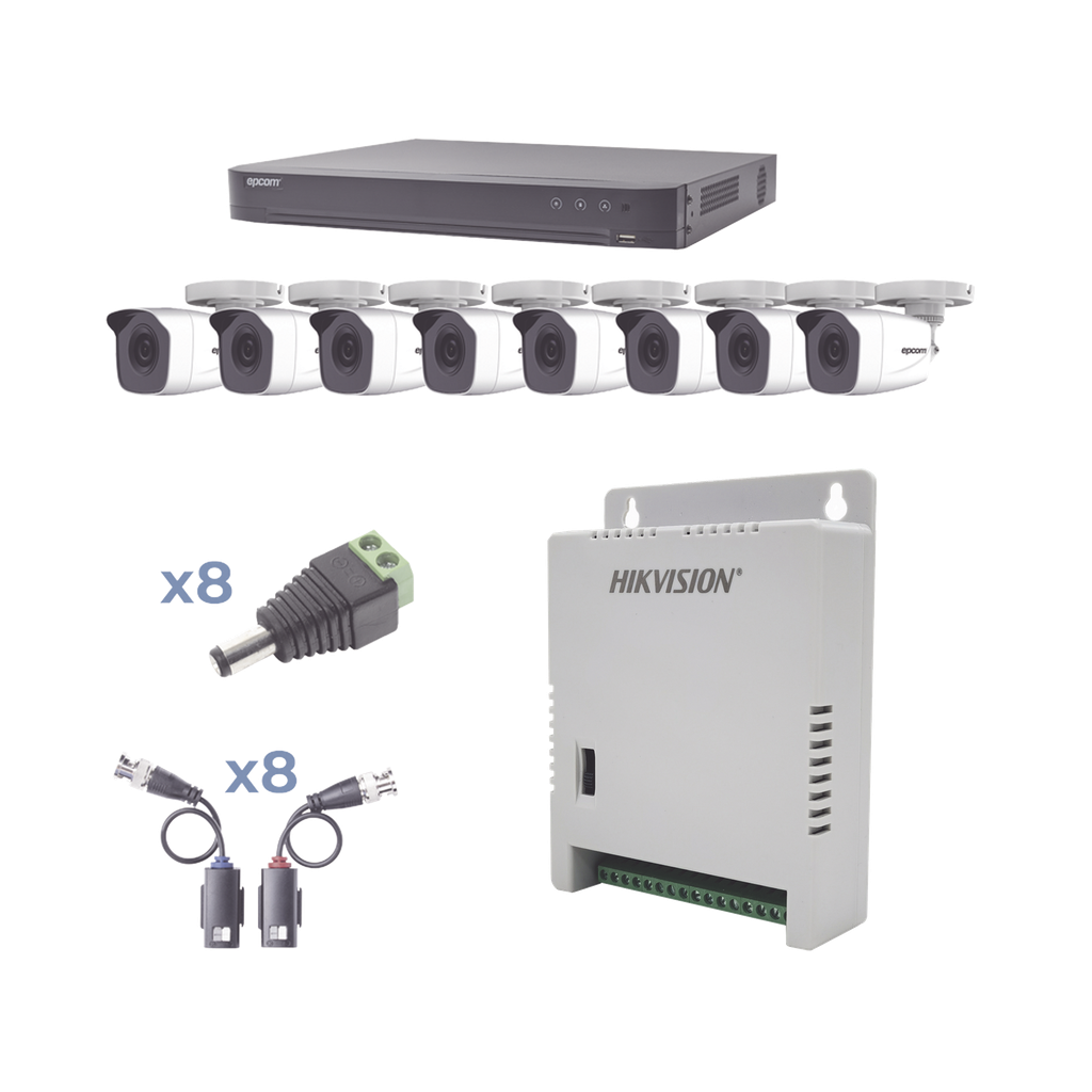 [KEVTX8T8BW] KIT TurboHD 1080p / DVR 8 Canales / 8 Cámaras Bala (exterior 2.8 mm) / Transceptores / Conectores / Fuente de Poder Profesional hasta 15 Vcc para Larga Distancias