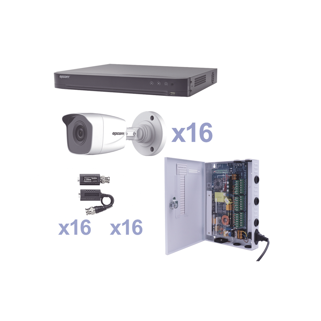[KEVTX8T16BW] KIT TurboHD 1080p / DVR 16 Canales / 16 Cámaras Bala (exterior 2.8 mm) / Transceptores / Conectores / Fuente de Poder Profesional