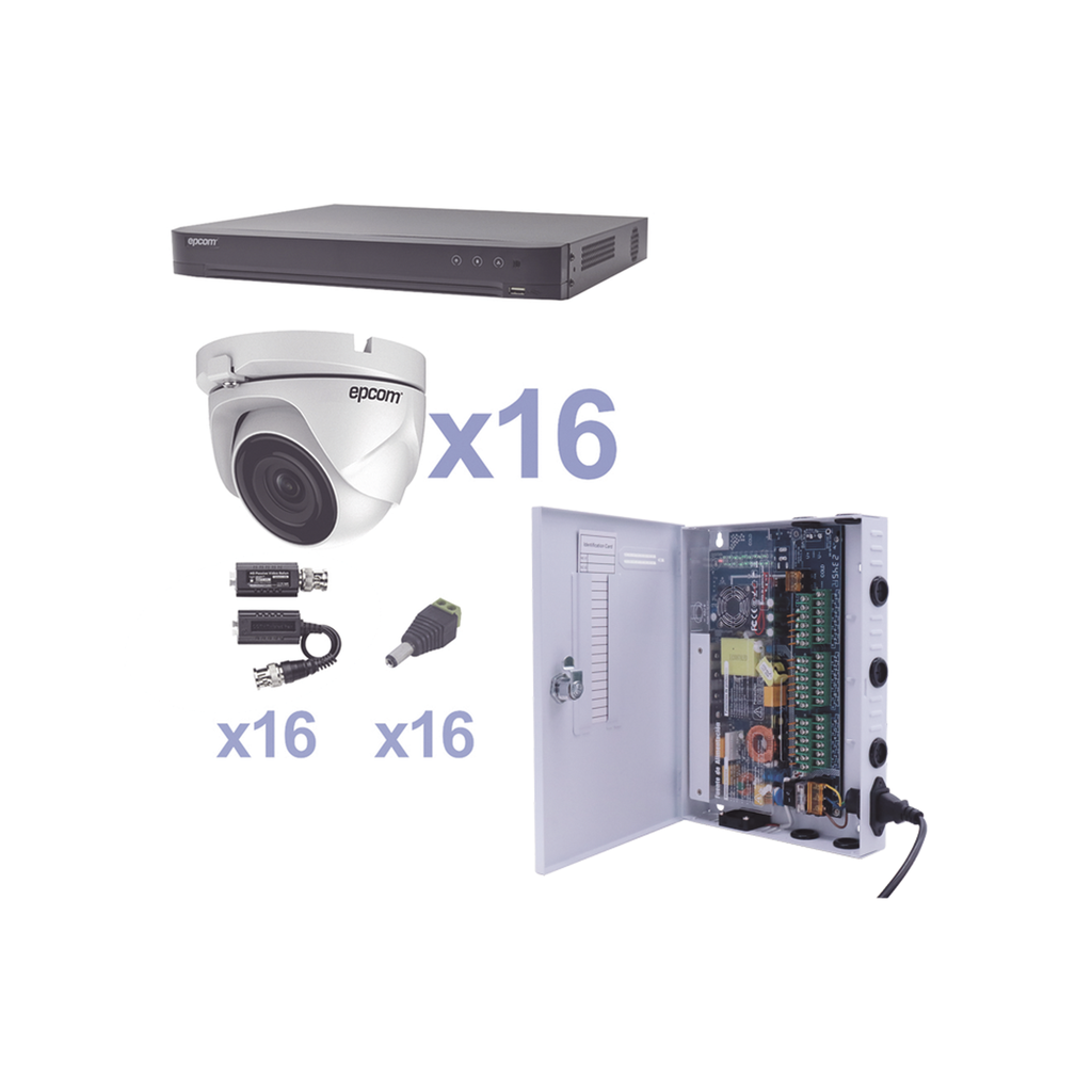 [KEVTX8T16EW] KIT TurboHD 1080p / DVR 16 Canales / 16 Cámaras Eyeball (exterior 2.8 mm) / Transceptores / Conectores / Fuente de Poder Profesional