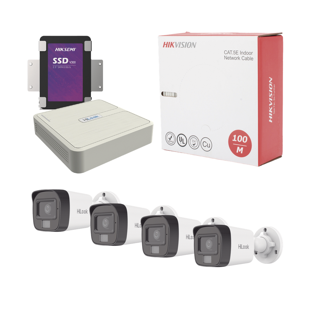 Kit IP 4 Megapixel / NVR de 4 Canales / 4 Cámaras IP Dual light y Microfono Integrado / Bobina de Cable de 100 mts / Disco Duro 1 TB