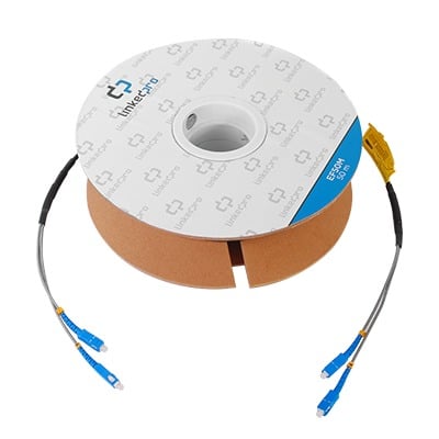 [EF-50-SC] Carrete de Fibra Óptica Monomodo con Conectores SC-SC Duplex, Reforzada con Kevlar, de 50 metros, Para instalaciones subterráneas por tubería