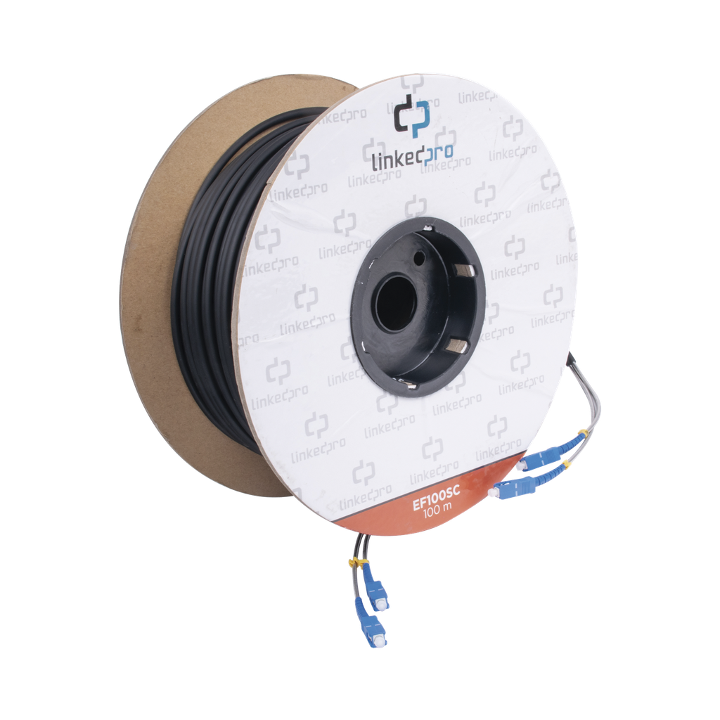 [EF-100-SC] Carrete de Fibra Óptica Monomodo con Conectores SC-SC Duplex, Reforzada con Kevlar, de 100 metros