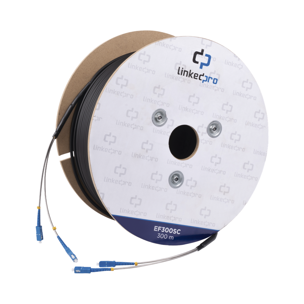 [EF-300-SC] Carrete de Fibra Óptica Monomodo con Conectores SC-SC Duplex, Reforzada con Kevlar, de 300 metros, Para instalaciones subterráneas por tubería