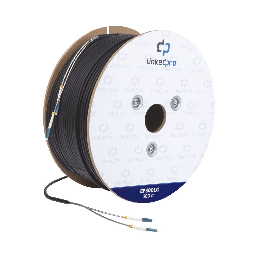 [EF-300-LC] Carrete de Fibra Óptica Monomodo con conectores LC-LC Duplex, Reforzada con Kevlar, de 300 metros, Para instalaciones subterráneas por tubería