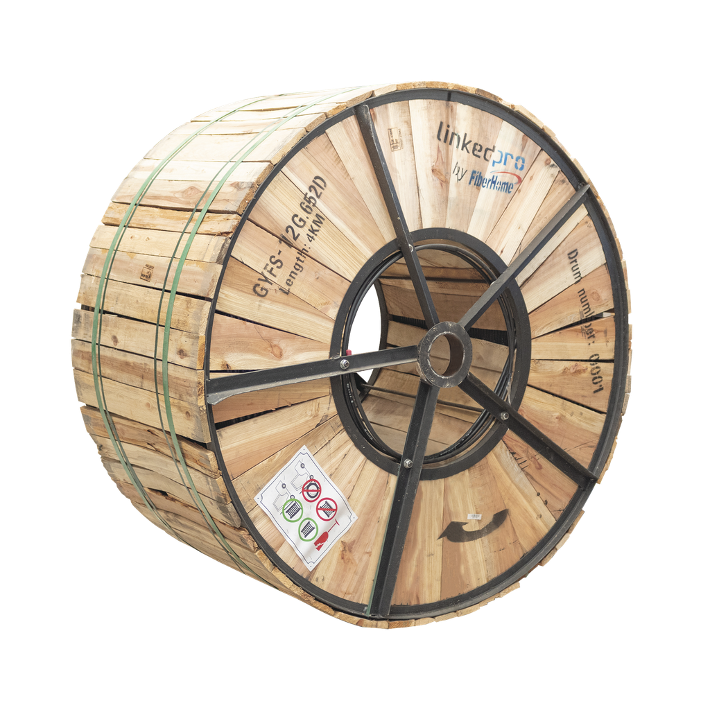 Carrete de 4 km de Fibra Óptica para Exterior G.652D, Armada, Monomodo de 12 Hilos, Loose Tube, Color Negro, Para Instalación en Ducto Subterráneo o Enterrado Directo