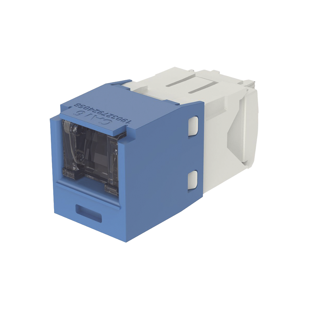 [CJH688TGBU] Conector Jack RJ45 Estilo TG con Ventana, Mini-Com, Categoría 6, de 8 posiciones y 8 cables, Color Azul