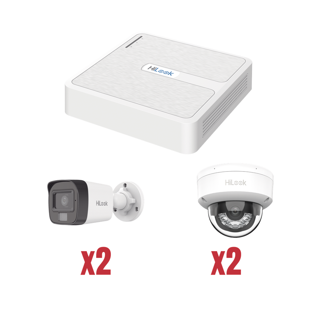 [KIP2MP/2B2D] Kit IP 1080p (2 Megapixel) / NVR de 4 Canales con 4 Puertos PoE / 2 Cámaras IP Bala para Exterior con microfono y Dual light / 2 Cámaras IP Domo para Exterior