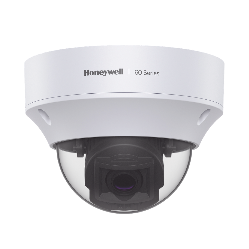 HC60W45R4 Domo IP 5 MP / Lente Mot. 7 a 22 mm / Exterior / 50 mts IR / H.265 / NDAA / ONVIF / IP67 / IK10 / Detección Sabotaje / Movimiento / Rostros / Intrusión / Merodeo / Objeto Abandonado / Alarmas y Audio I/O / PoE / Serie 60 / Honeywell Security