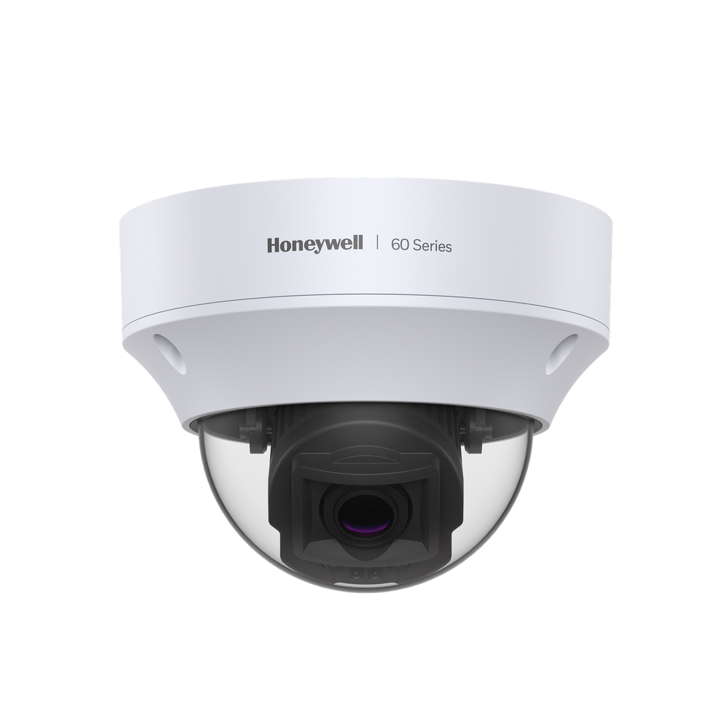 HC60W45R2 Domo IP 5 MP / Lente Mot. 2.7-13.5 mm / Exterior / 50 mts IR / H.265 / NDAA / ONVIF / IP67 / IK10 / Detección Sabotaje / Movimiento / Rostros / Intrusión / Merodeo / Objeto Abandonado / Alarmas y Audio I/O / PoE / Serie 60 Honeywell Security