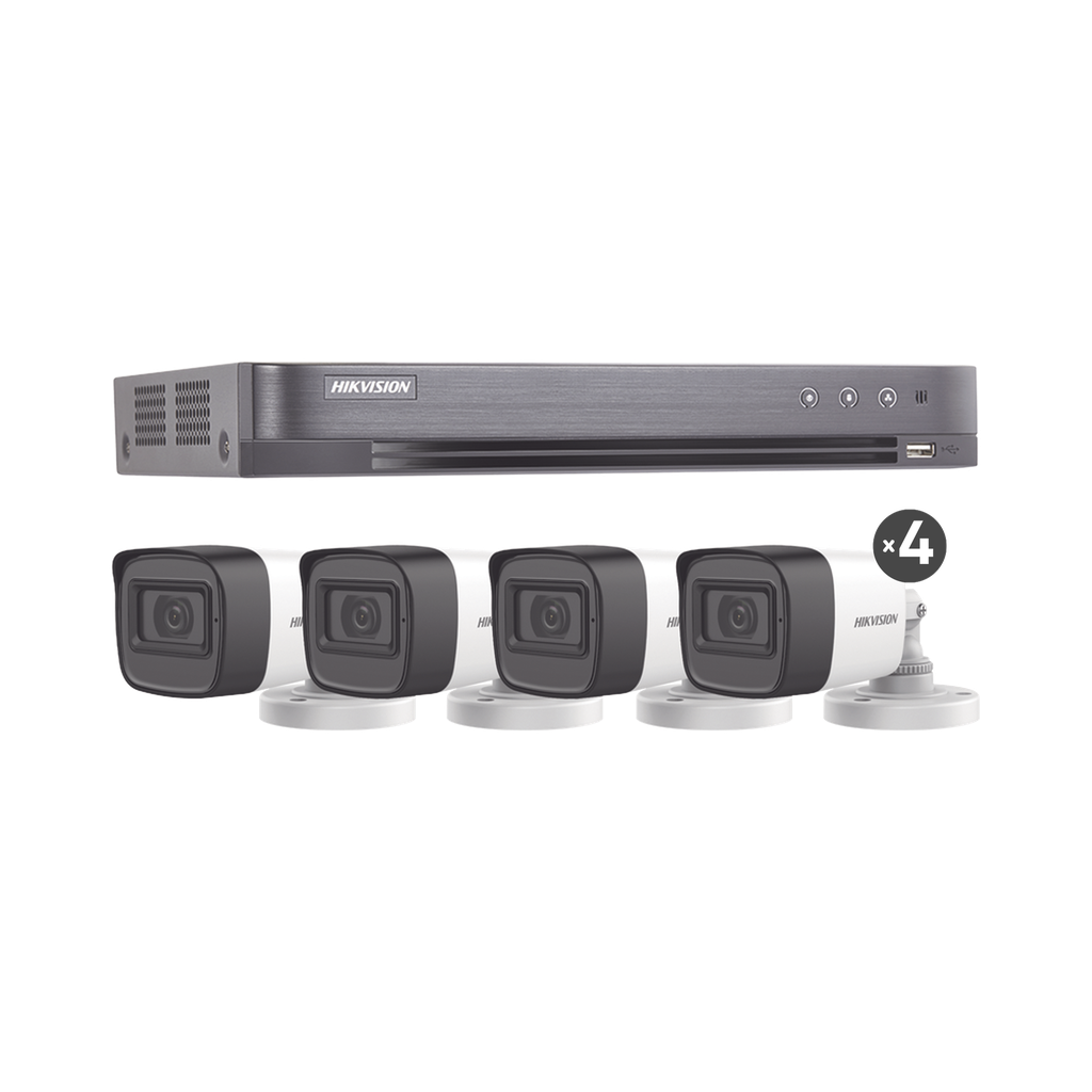(MICRÓFONO INTEGRADO) KIT TURBOHD 5 Megapixel / DVR 4 Canales / 4 Cámaras Bala con Micrófono Integrado (exterior 2.8 mm) / Fuente de Poder / Accesorios de Instalación