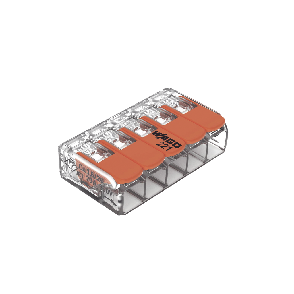 Conector Eléctrico con Palancas WAGO 221-415, 5 Conductores, 32A 450V, CAGE CLAMP®, Policarbonato Transparente, T85, UL/ENEC Certificado