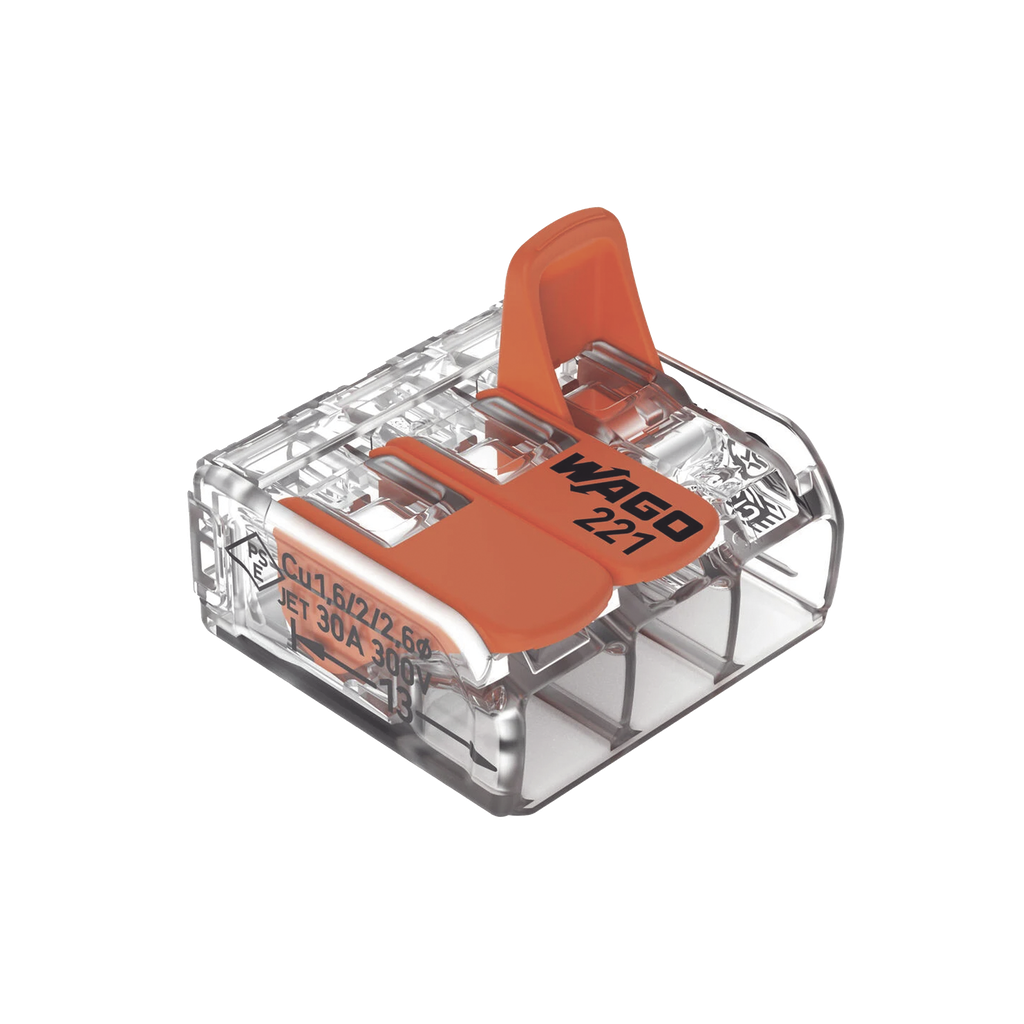 Borna de Conexión con Palancas, 3 Conductores 6 mm², CAGE CLAMP®, Transparente, 30A 450V, T85, Certificaciones UL/ENEC