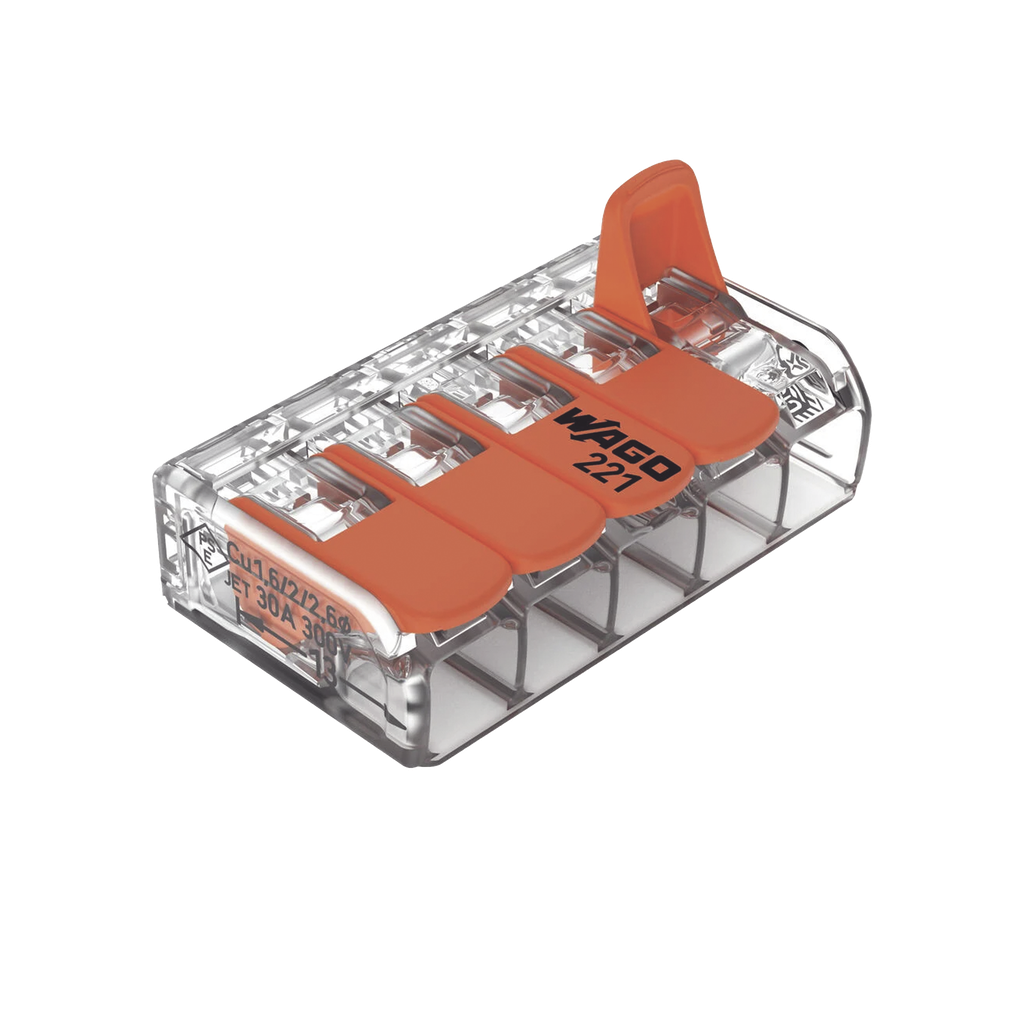 Borna de Conexión con Palancas, Serie 221, 5 Conductores, 6 mm², Transparente, CAGE CLAMP®, 41A 450V, T85, Certificaciones UL/ENEC/CB