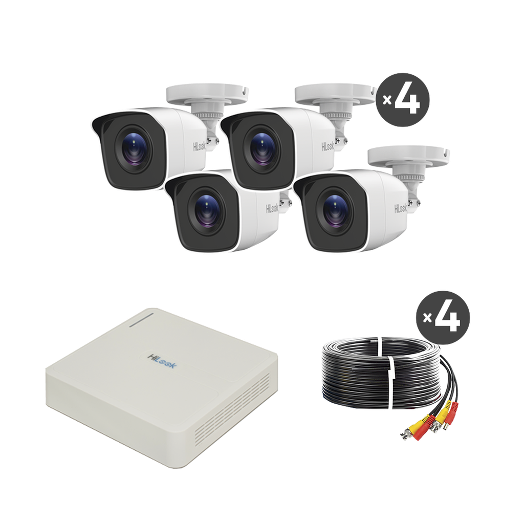 Kit TurboHD 720p / DVR 4 canales / 4 Cámaras Bala de Metal / 4 Cables 18 Mts / H.265+ / 1 Fuente de Poder Profesional / Accesorios de Instalación