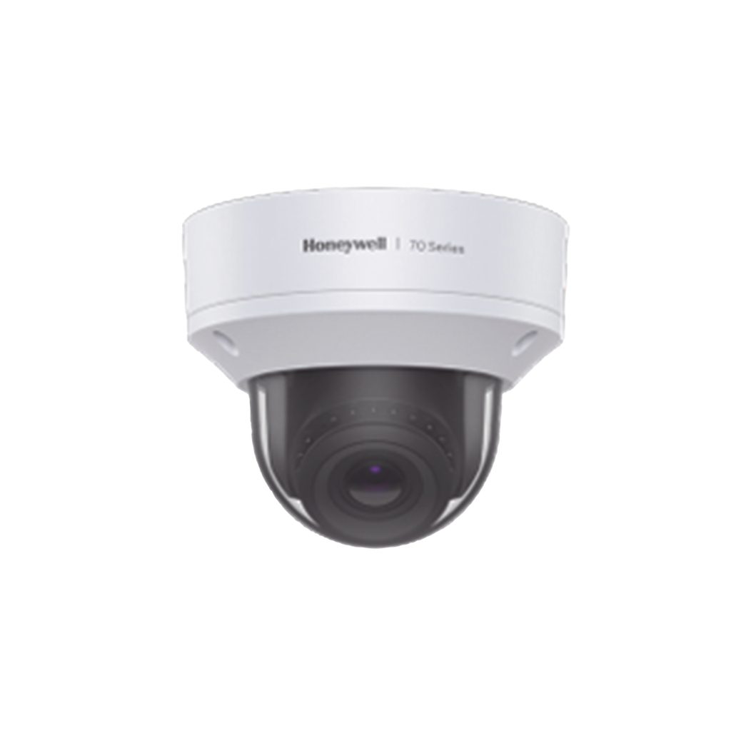 Domo IP 8 MP / Lente Mot. 3.6  a 11 mm / H.265 / NDAA / ONVIF / IK10 / WDR 130 dB / IA Avanzado Detección Sabotaje / Movimiento / Rostros / Intrusión / Merodeo / Objeto Abandonado / Alarma y Audio I/O / PoE / Serie 70 / Honeywell Security