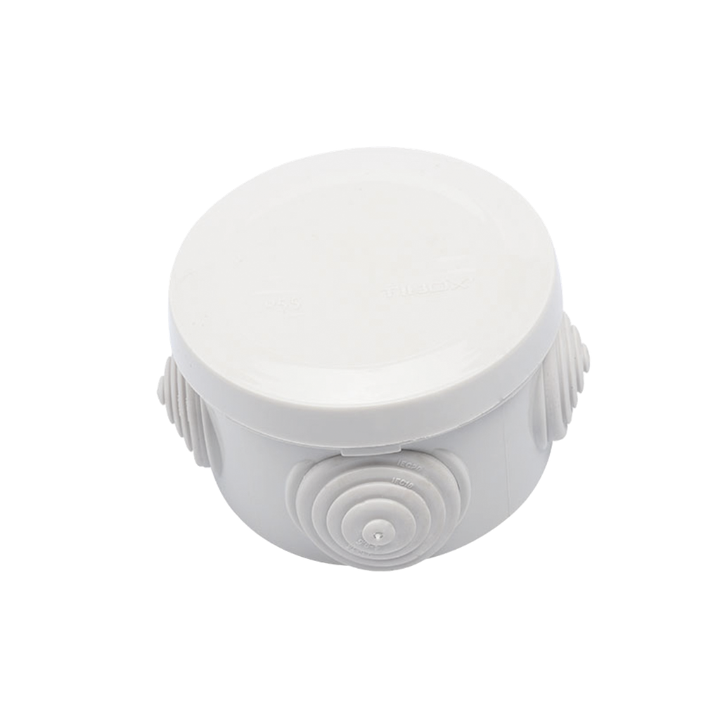 [PST-C70-ER] Caja Derivación-Conexión de Plástico Circular con 4 Glándulas de Goma (70 diámetro X 48 alto mm). Para Instalaciones Comerciales,  Residenciales e Industriales. Cerrado a Presión.