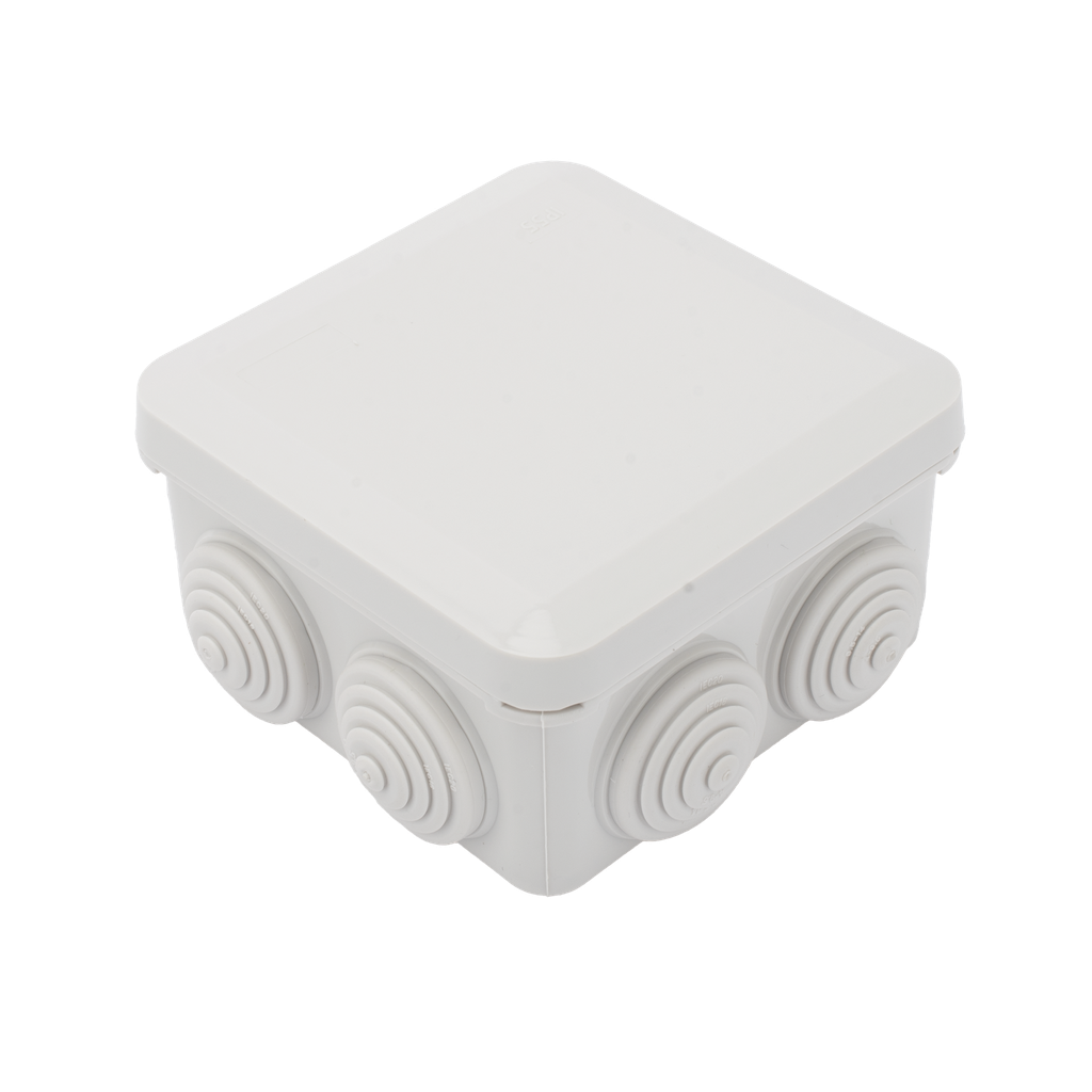 [PST-0808-ER] Caja Derivación-Conexión de Plástico (89 X 89 X 50 mm) con 7 Glándulas de Goma. Para Instalaciones Comerciales,  Residenciales e Industriales. Cerrado a Presión.