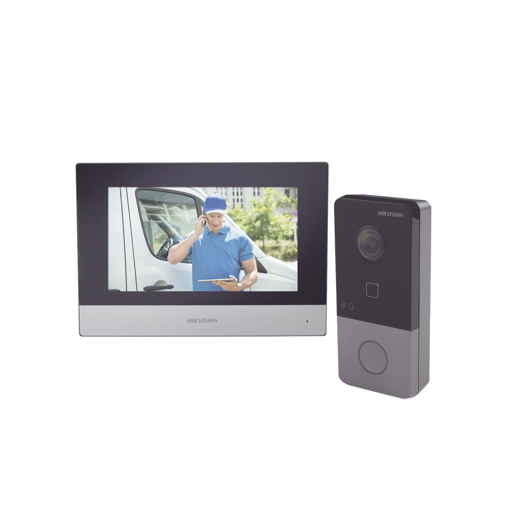 Kit de Videoportero IP Poe Estandar con llamada a App de Smartphone (HikConnect) / Apertura con tarjeta MIFARE / Frente de calle IP65 / Soporta 1 Departamento
