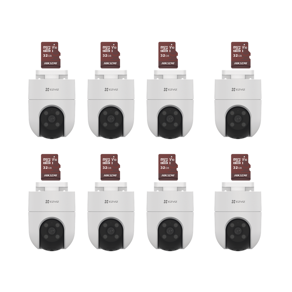 Kit de Camaras WiFi, Incluye 8 Piezas CS-H8C y 8 Piezas HS-TF-E1/32G / Audio de Dos Vías / Detección de Movimiento /  Luz Blanca / Sirena  /  Uso en Exterior con Protección