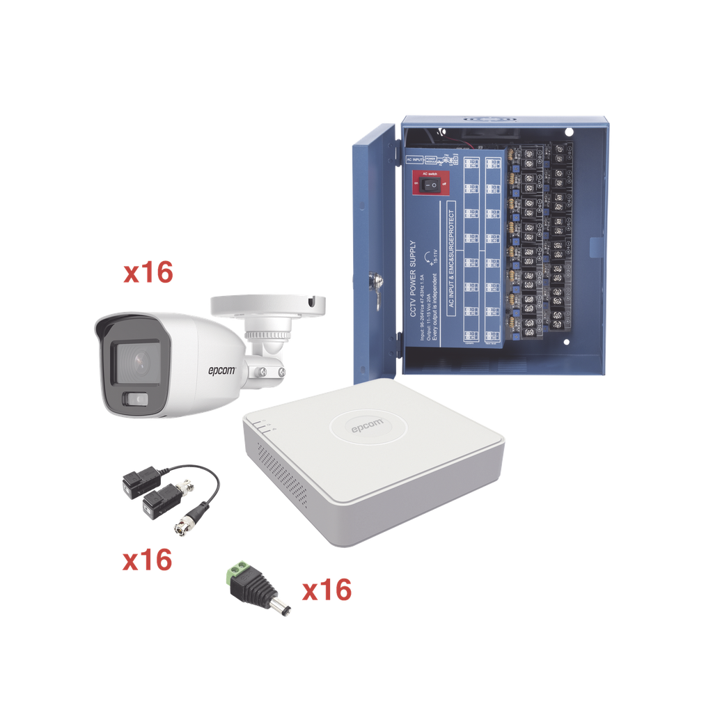 Kit TurboHD 1080p Lite / DVR 16 Canales / 16 Cámaras Bala Exterior ( 2.8mm) con ColorVu + Micrófono Integado / Transceptores / Conectores / Fuente de Poder Profesional