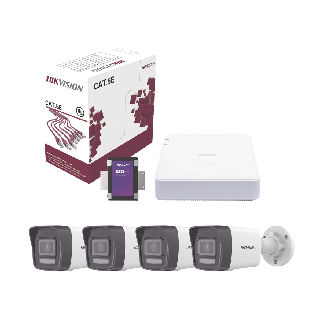 [KIT4MP/4B/1TB] Kit IP 4 Megapixel / NVR de 4 Canales con 4 Puertos PoE / 4 Cámaras IP Bala Dual Light (IR + Luz Blanca) con Microfono Integrado y ACUSENSE Lite para Exterior/ Bobina de Cable de 100 mts / SSD de 1 TB