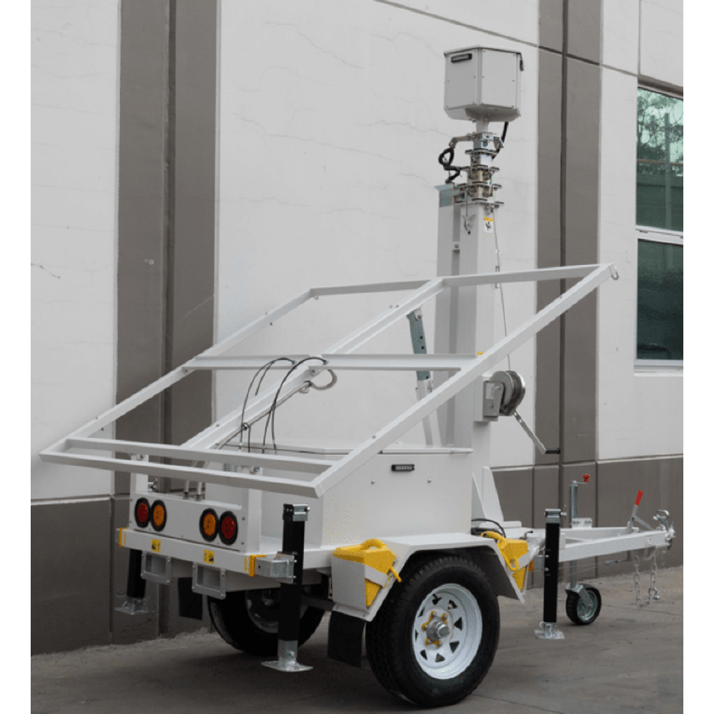 Traila / Remolque con Mástil Retráctil de 7.5 m. para Videovigilancia o Iluminación, con capacidad para Instalar Módulos Solares y Baterías (No incluidos)
