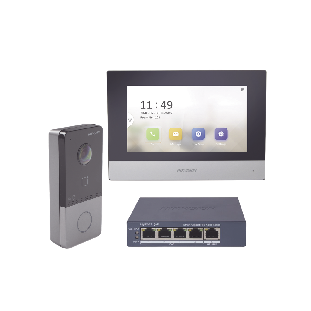 Kit de Videoportero IP + Switch Poe Poe Estandar con llamada a App de Smartphone (HikConnect) / Apertura con tarjeta MIFARE / Frente de calle IP65 / Soporta 1 Departamento