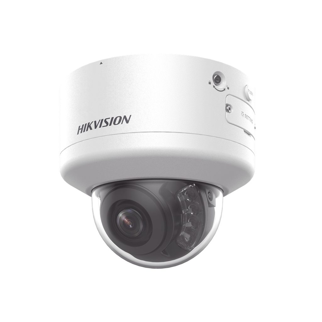Domo IP 4 Megapixel / Lente Mot. 2.7 a 13.5 mm / Dual Light (40 mts IR + 40 mts Luz Blanca  / Exterior IP66 / IK10  / Audio y Alarma I/O / PoE+ / ONVIF / Micro SD / 4 Analíticos: AcuSense, Deteccion Facial, Conteo de Personas por Cruce y Zona