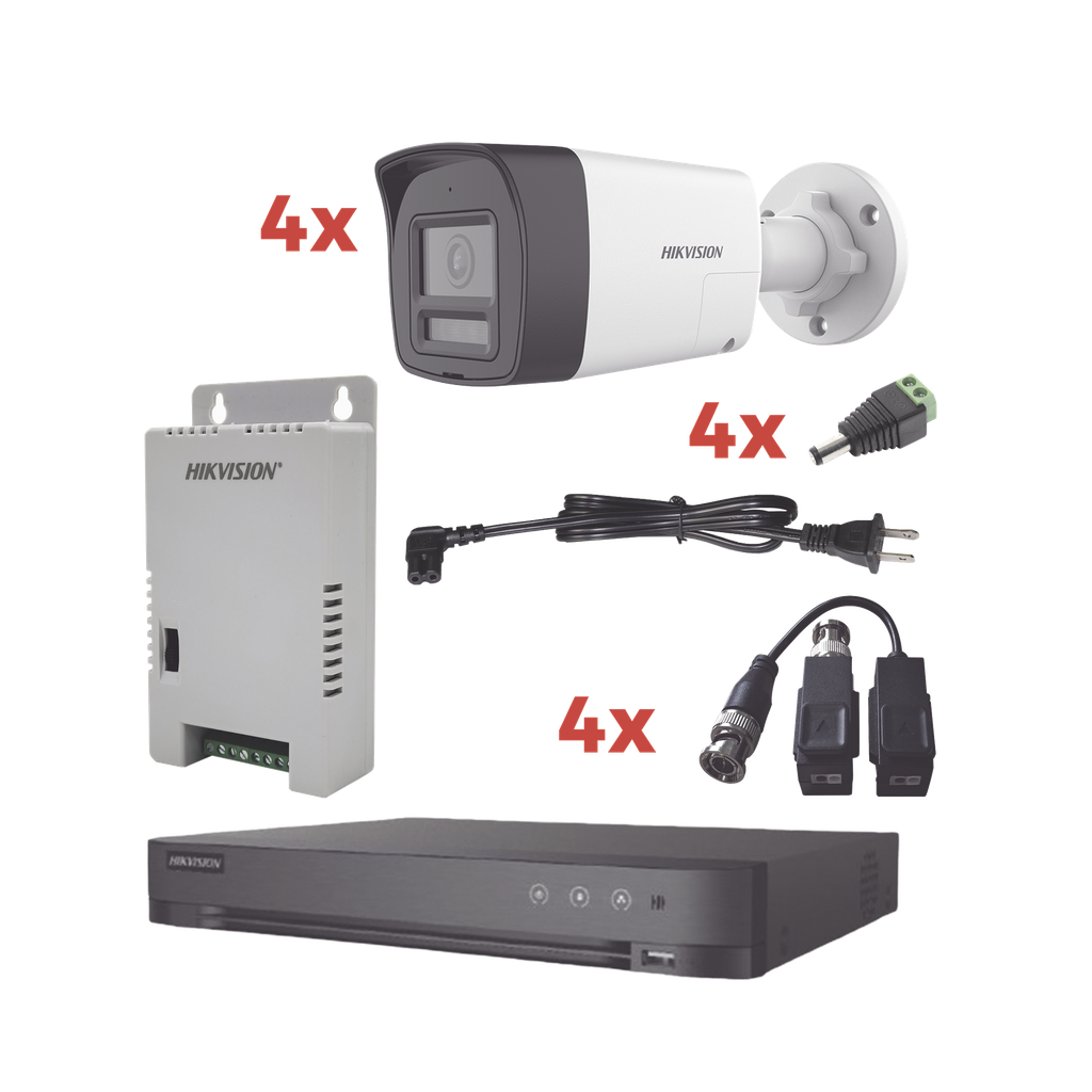 Kit Audio Bidireccional TurboHD 1080p / DVR 4 Canales / 4 Cámaras Bala (Exterior) con Bocina y Microfóno Integrado / 1 Fuente de Poder / Accesorios