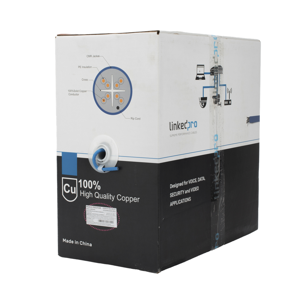 Bobina de cable U/UTP Cat6A de 305 mts, Color Azul, CMR, soporta 10G-BaseT para transmisión de frecuencias de hasta 500MHz, UL