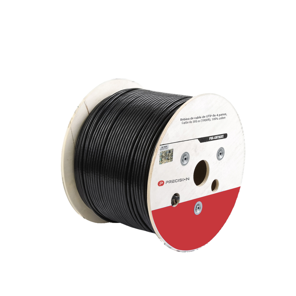 [PSC-CAT5EXT-GEL] Bobina de cable de UTP de 4 pares Cat5e de 305 m (1000 ft), 100% Cobre, LDPE Resistente a rayos UV Relleno de Gel, Color Negro, 24 AWG, Uso en Exterior, Para Aplicaciones de Voz, Datos y Video